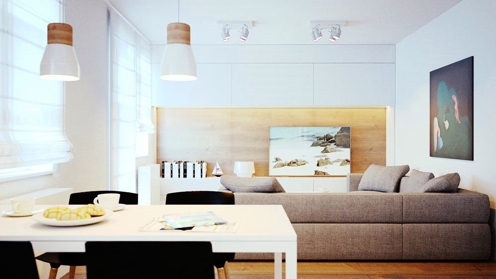 Salon w stylu minimalistycznym widok na telewizor